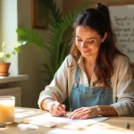Weekend crafts for adults scene showing woman focused on calligraphy project in cozy home craft room with supplies