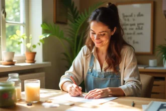 Weekend crafts for adults scene showing woman focused on calligraphy project in cozy home craft room with supplies