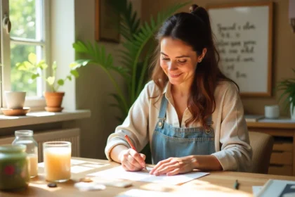 Weekend crafts for adults scene showing woman focused on calligraphy project in cozy home craft room with supplies