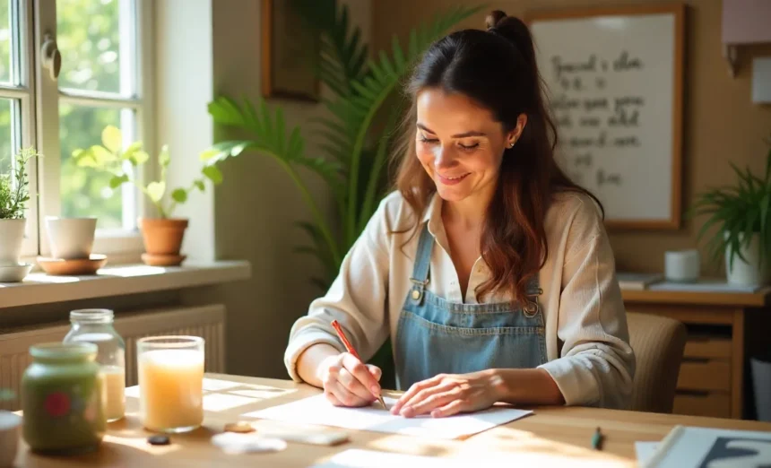 Weekend crafts for adults scene showing woman focused on calligraphy project in cozy home craft room with supplies