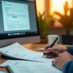 Employee writing workplace documentation notes at office desk with HR documents and computer for legal protection