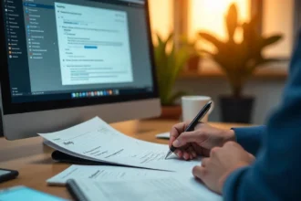 Employee writing workplace documentation notes at office desk with HR documents and computer for legal protection