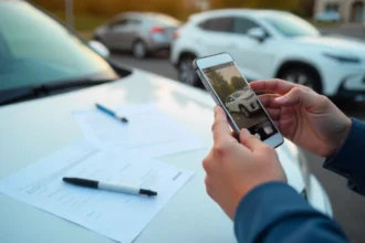 File accident claim process showing car damage documentation and insurance forms