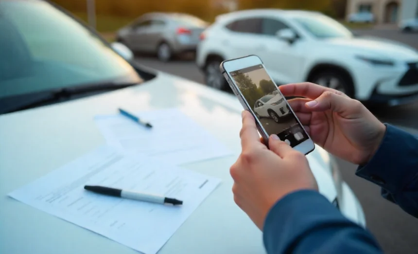 File accident claim process showing car damage documentation and insurance forms