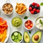 Best low sugar snacks arranged on marble surface including nuts, cheese, berries, eggs and veggie sticks for diabetics