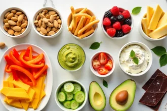 Best low sugar snacks arranged on marble surface including nuts, cheese, berries, eggs and veggie sticks for diabetics