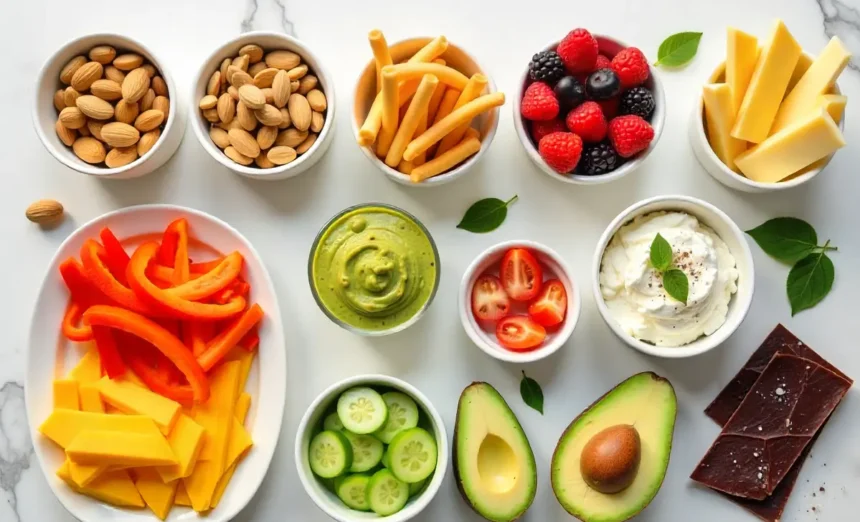Best low sugar snacks arranged on marble surface including nuts, cheese, berries, eggs and veggie sticks for diabetics