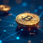 Staking crypto illustration showing cryptocurrency coins earning passive income through blockchain network validation