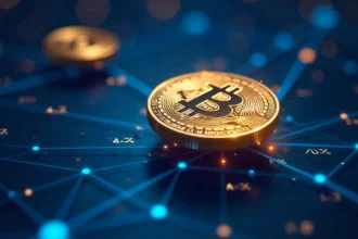 Staking crypto illustration showing cryptocurrency coins earning passive income through blockchain network validation